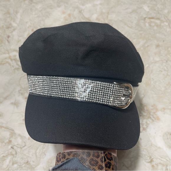Bling Biker Hat Jeweled Buckle Black Cotton Pageboy Style - Picture 6 of 6